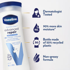 Vaseline Intensive Care Advanced Repair fragrance-free lotion texture close-up demonstrates fast absorption.