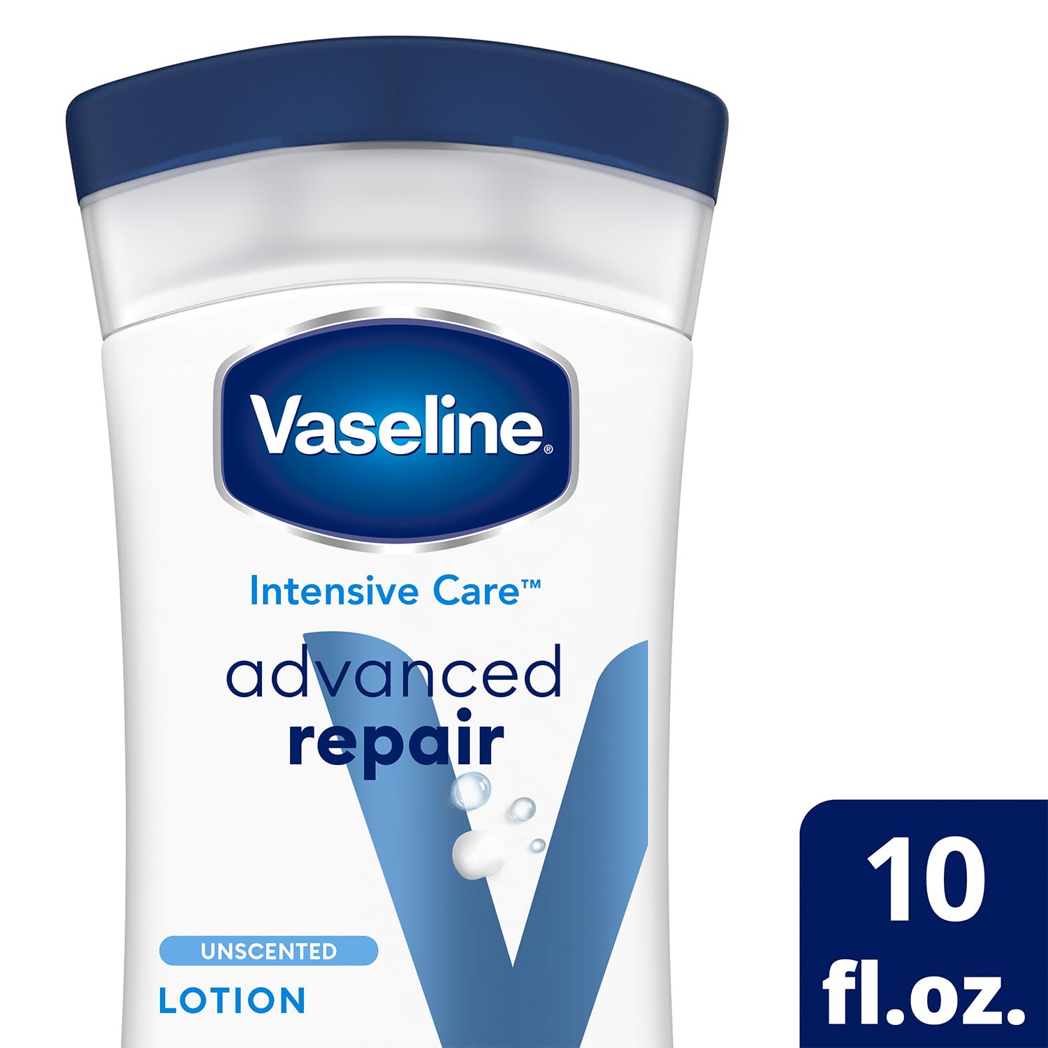 Vaseline Intensive Care Advanced Repair fragrance-free lotion being applied to dry skin.