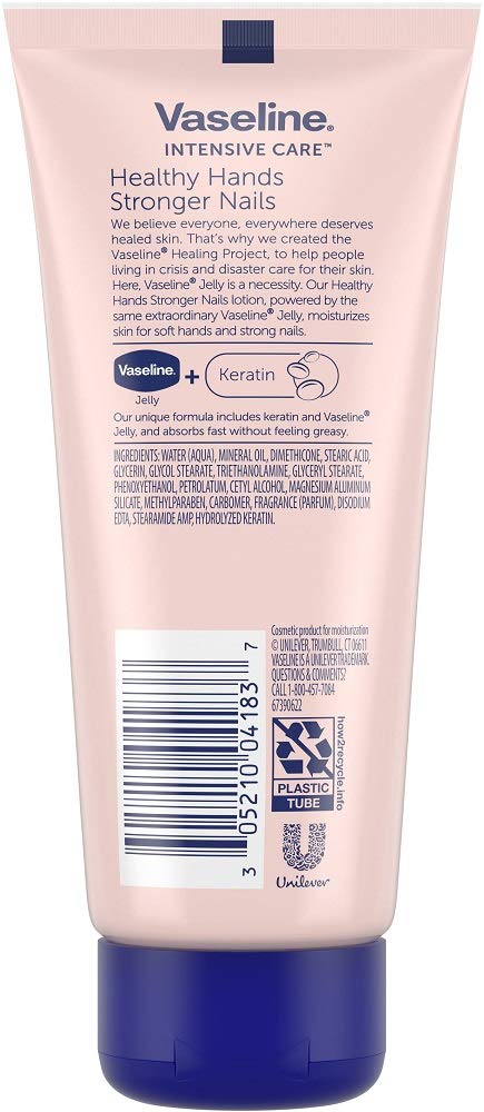 Vaseline Intensive Care Healthy Hands Stronger Nails lotion application showing non-greasy absorption for smoother skin and nails.