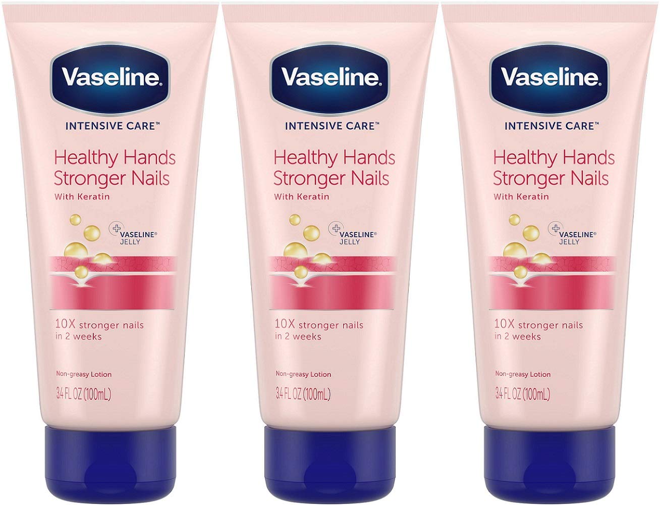 Vaseline Intensive Care Healthy Hands Stronger Nails lotion pack of three for lasting hand hydration.