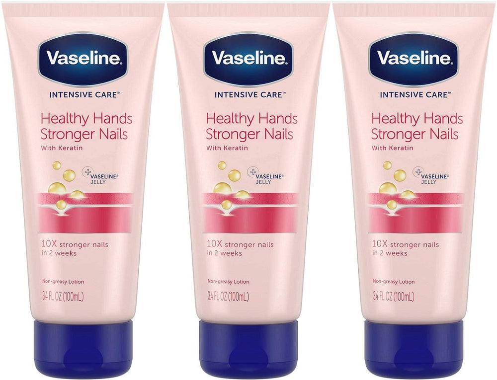 Vaseline Intensive Care Healthy Hands Stronger Nails lotion pack of three for lasting hand hydration.