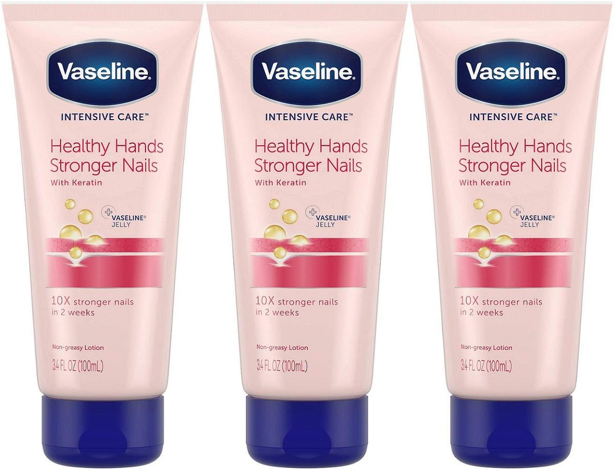 Vaseline Intensive Care Healthy Hands Stronger Nails lotion pack of three for lasting hand hydration.
