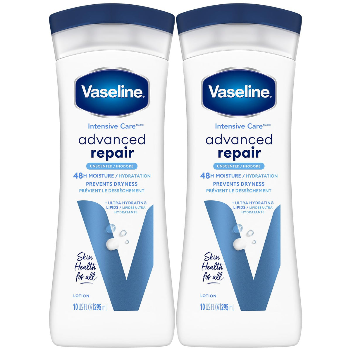 Vaseline Intensive Care Lotion unscented front bottle demonstrating deep hydration for dry skin