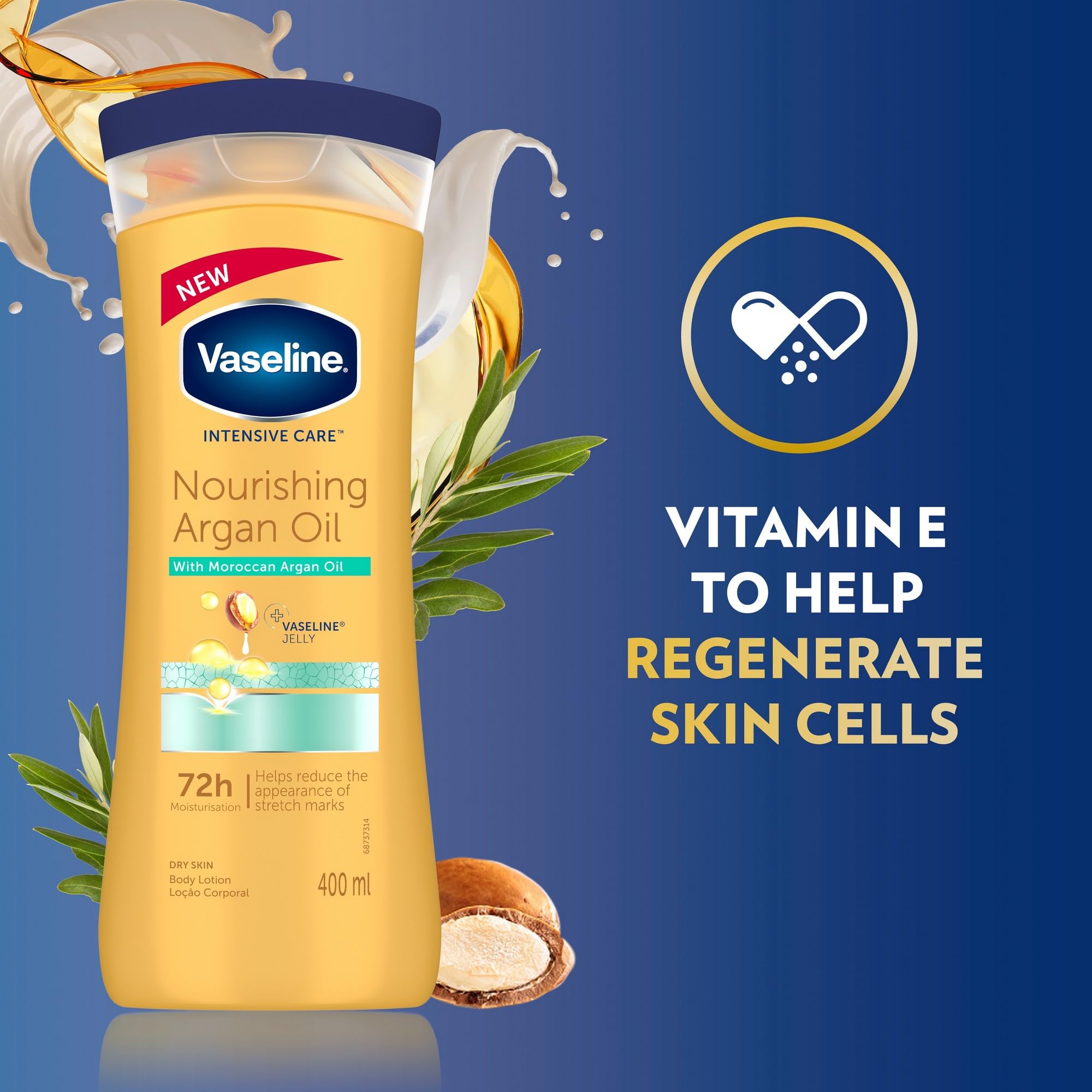 Vaseline Intensive Care Nourishing Argan Oil Lotion natural ingredients emphasis.
