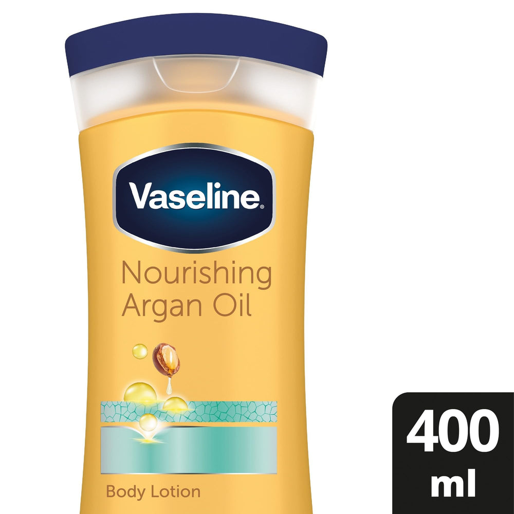 Vaseline Intensive Care Nourishing Argan Oil Lotion texture closeup shows creamy feel.
