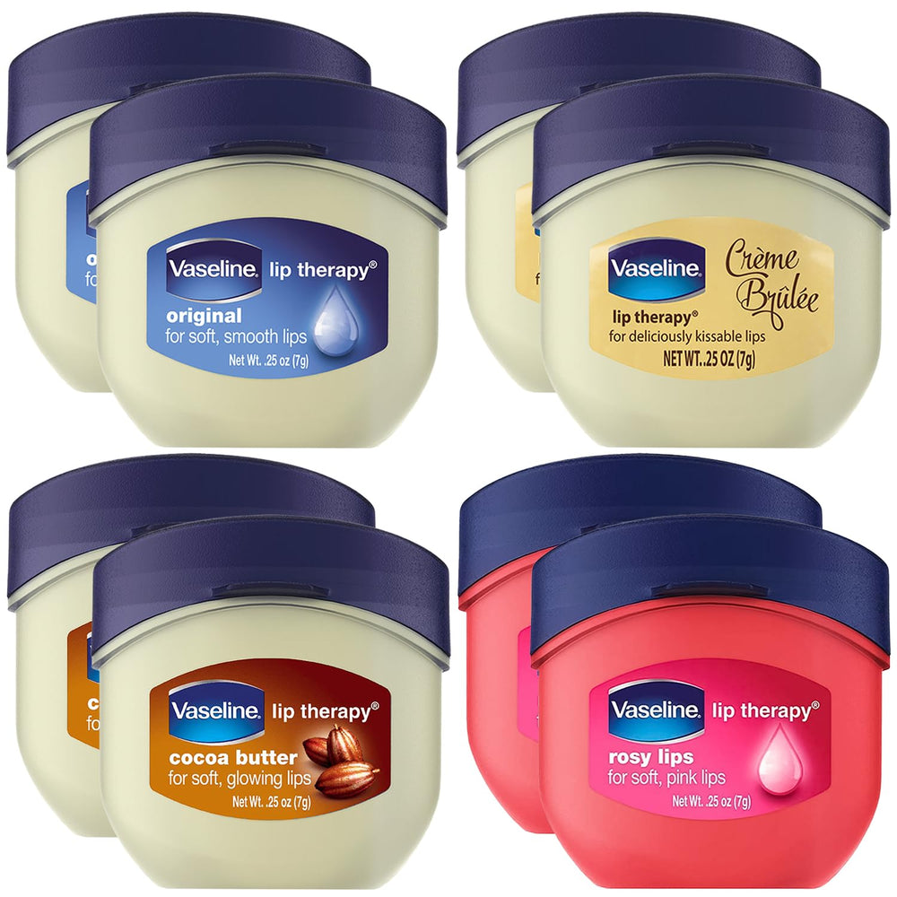 Vaseline Lip Therapy 8-pack packaging shows assorted balms for on-the-go hydration.