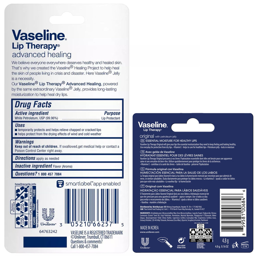 Vaseline Lip Therapy Advanced Healing tube closeup on the barrier formula.