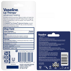 Vaseline Lip Therapy Advanced Healing tube closeup on the barrier formula.