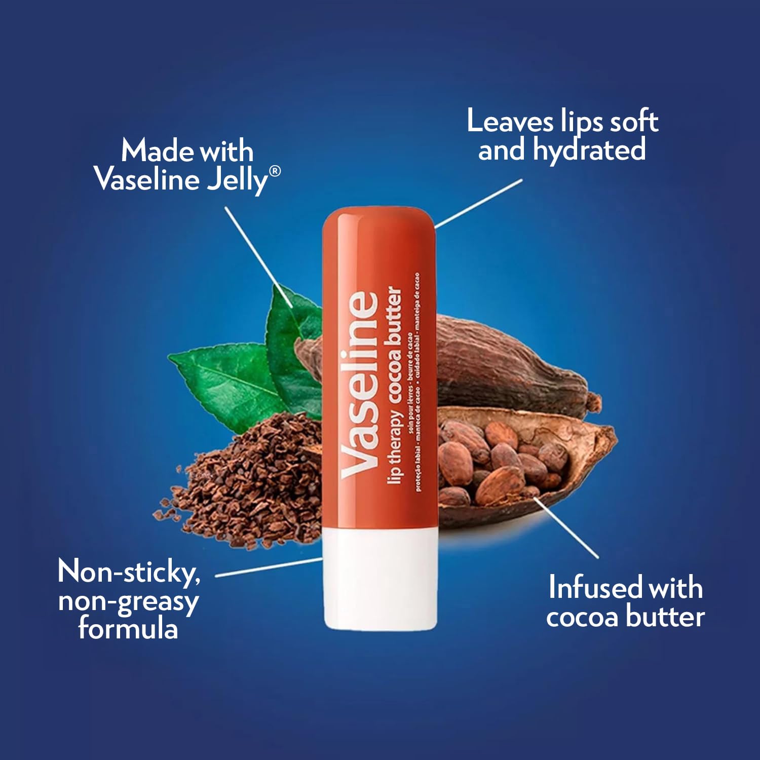 Vaseline Lip Therapy Cocoa Butter Balm application demonstrates smooth glide for easy lip care.