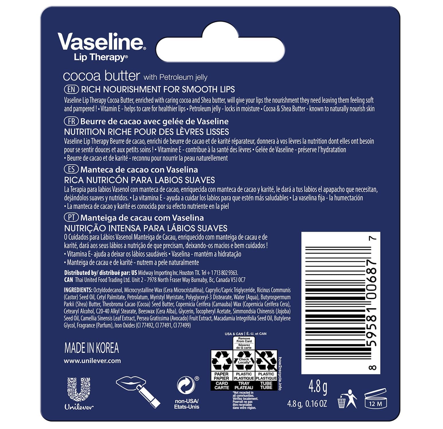 Vaseline Lip Therapy Cocoa Butter Balm closeup highlights creamy texture for quick hydration.