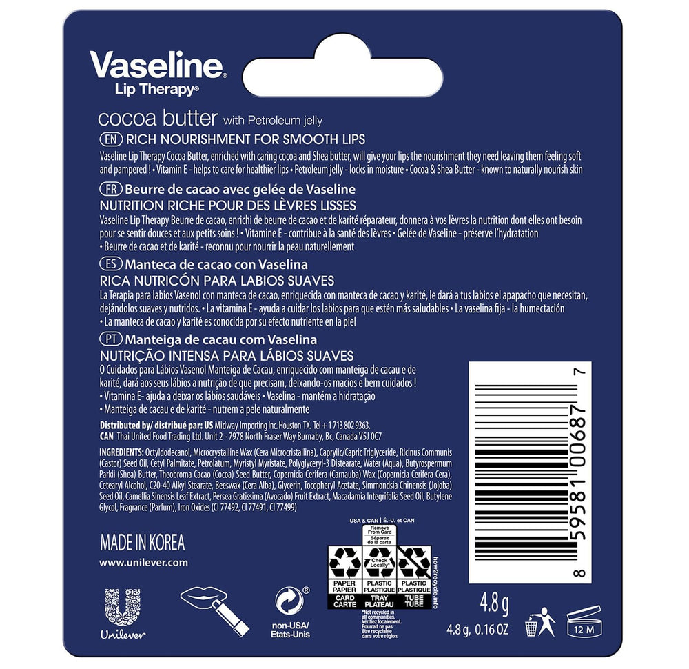 Vaseline Lip Therapy Cocoa Butter Balm closeup highlights creamy texture for quick hydration.