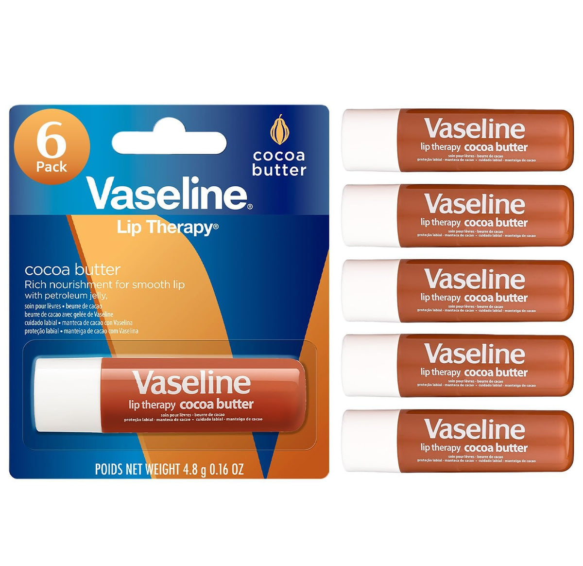 Vaseline Lip Therapy Cocoa Butter Balm tube delivers long-lasting moisture.