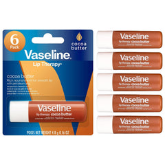 Vaseline Lip Therapy Cocoa Butter Balm tube delivers long-lasting moisture.