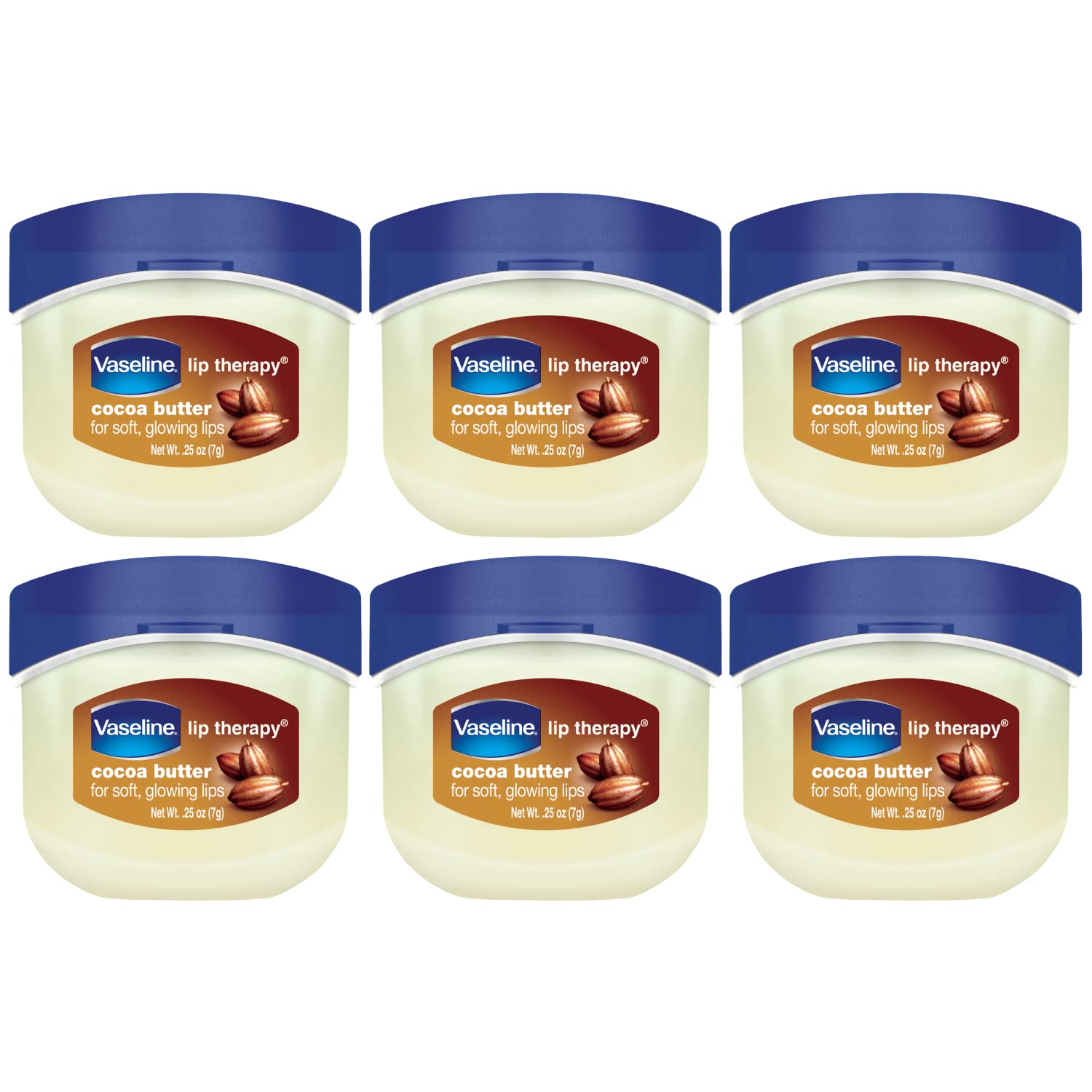 Vaseline Lip Therapy Cocoa Butter mini balm front view for soft, hydrated lips.