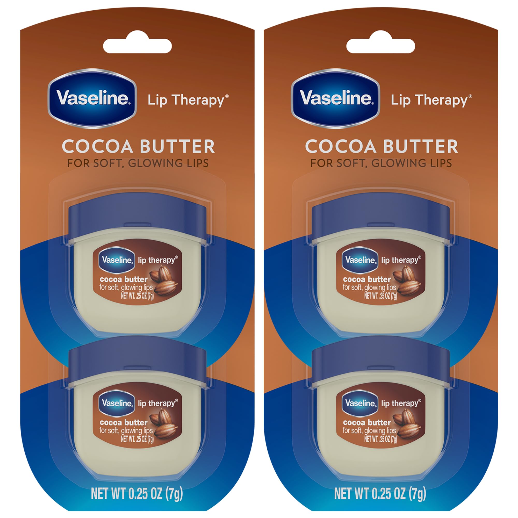 Vaseline Lip Therapy Cocoa Butter pack front with four mini balms for on-the-go moisture