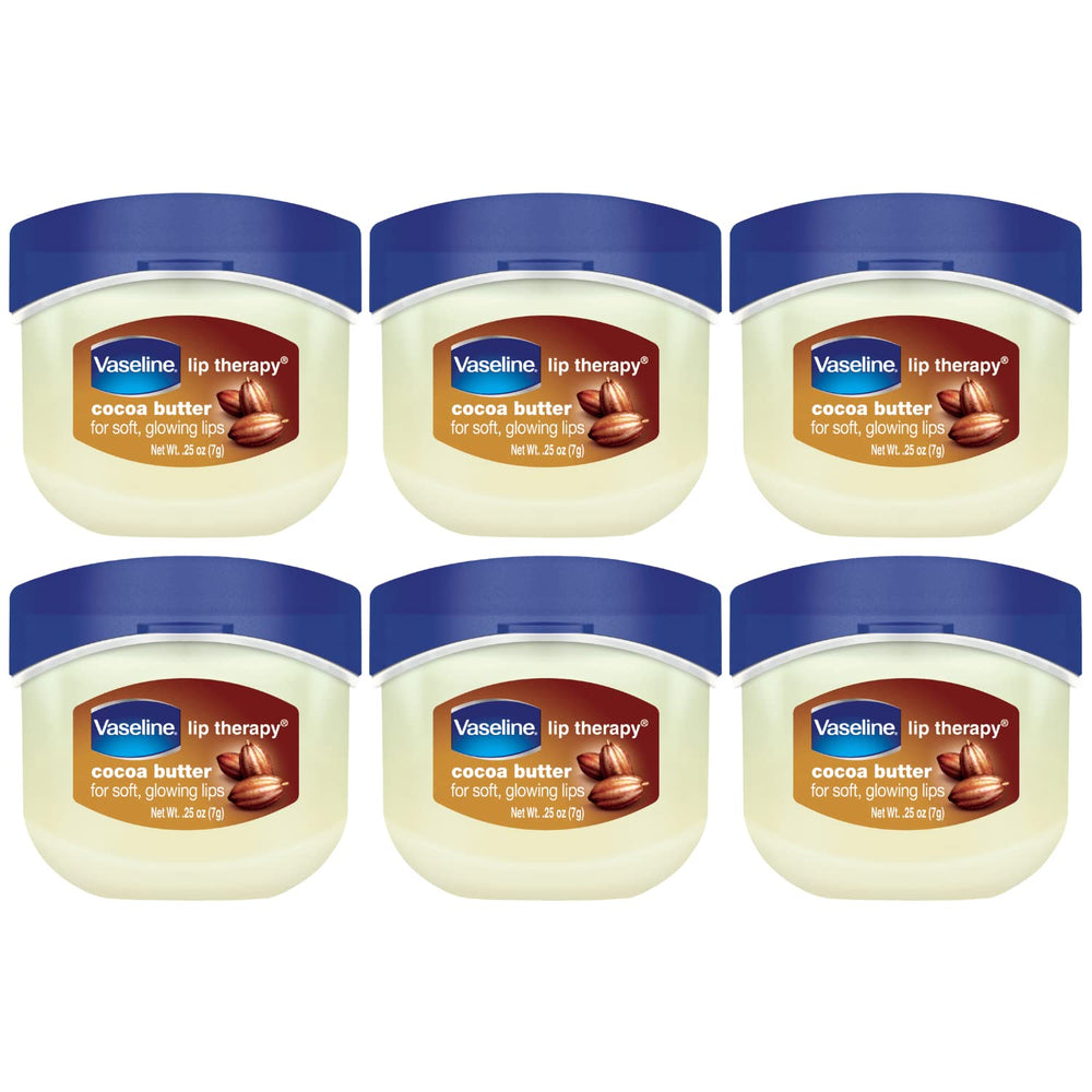 Vaseline Lip Therapy Cocoa Butter pack front shows six mini balms for on-the-go moisture.