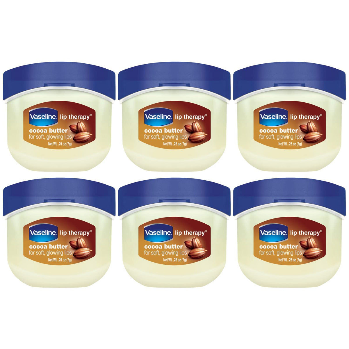 Vaseline Lip Therapy Cocoa Butter pack front shows six mini balms for on-the-go moisture.