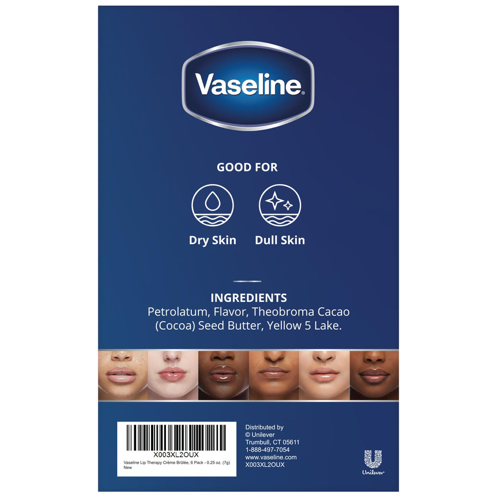 Vaseline Lip Therapy Creme Brulee with cocoa butter delivering rich moisture.