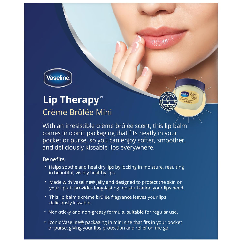 Vaseline Lip Therapy Creme Brulee jar closeup showing cocoa butter formula.