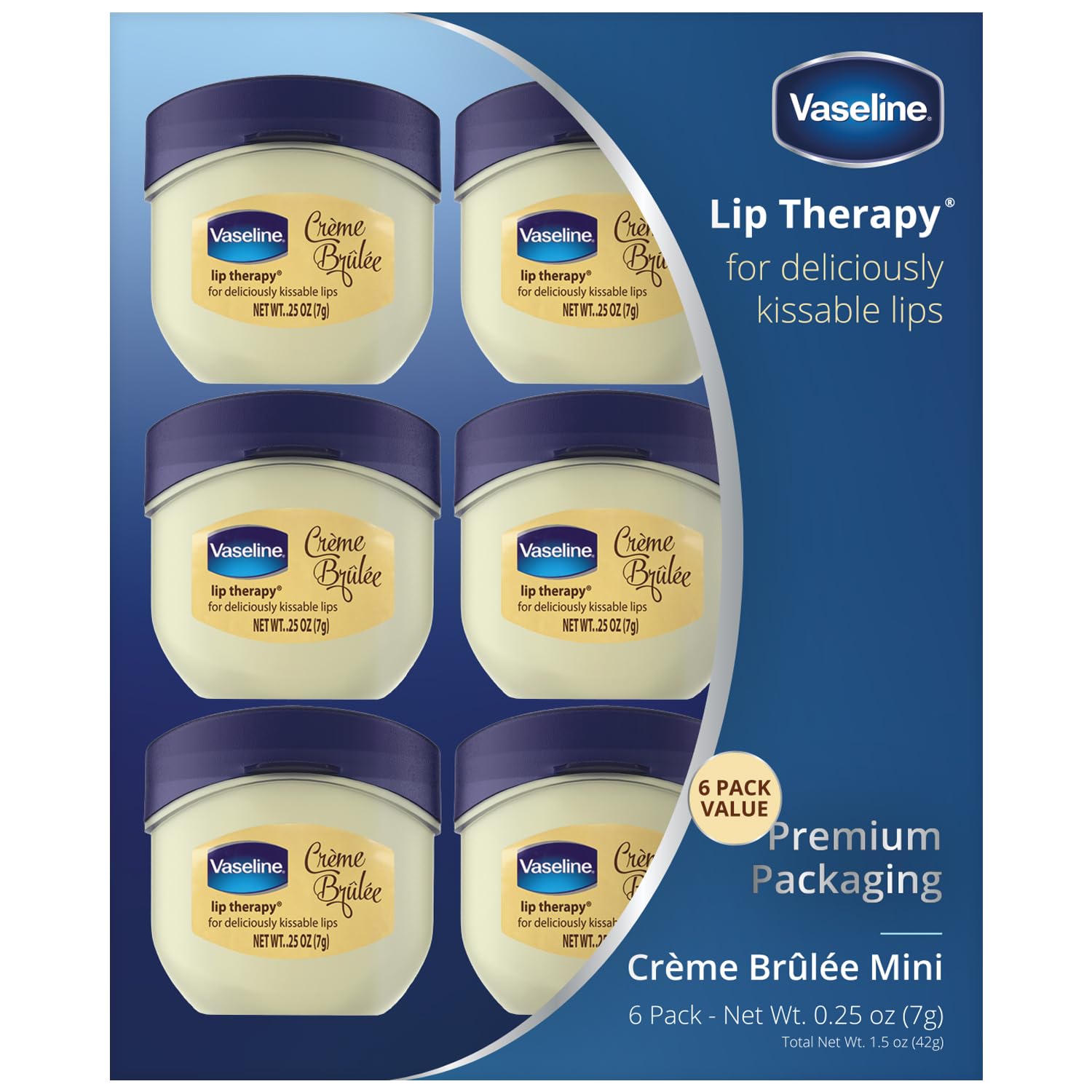 Vaseline Lip Therapy Creme Brulee jar front for on the go hydration.