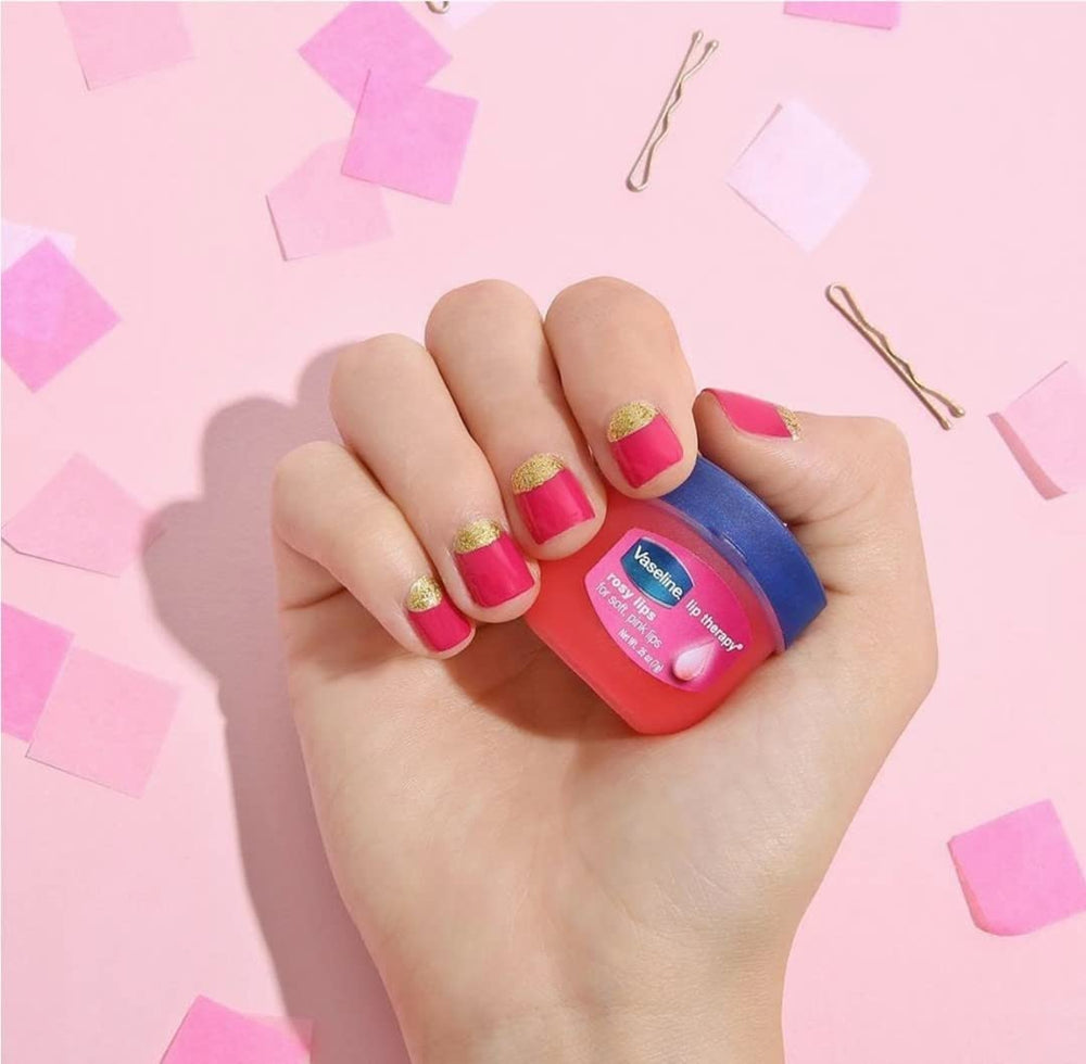 Vaseline Lip Therapy mini jar texture swatch reveals smooth balm consistency.