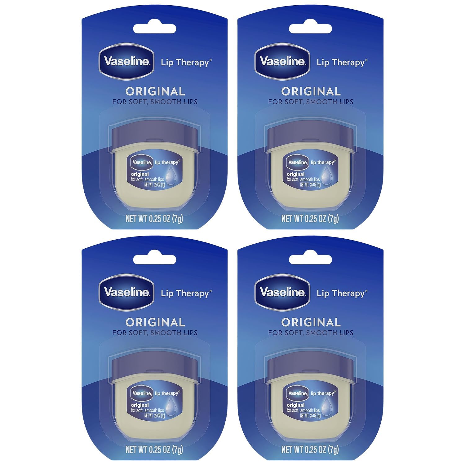 Vaseline Lip Therapy Original 4-pack jar closeup shows portable moisture for dry lips.