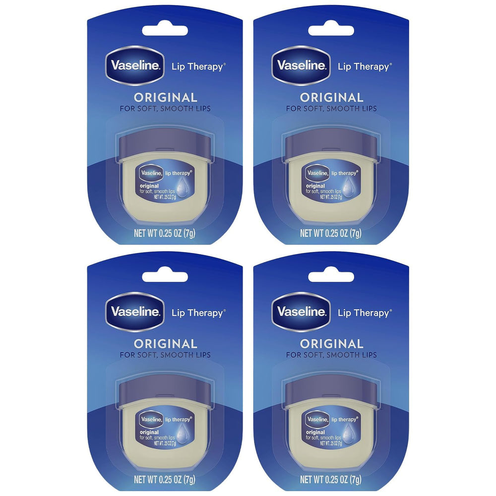 Vaseline Lip Therapy Original 4-pack jar closeup shows portable moisture for dry lips.