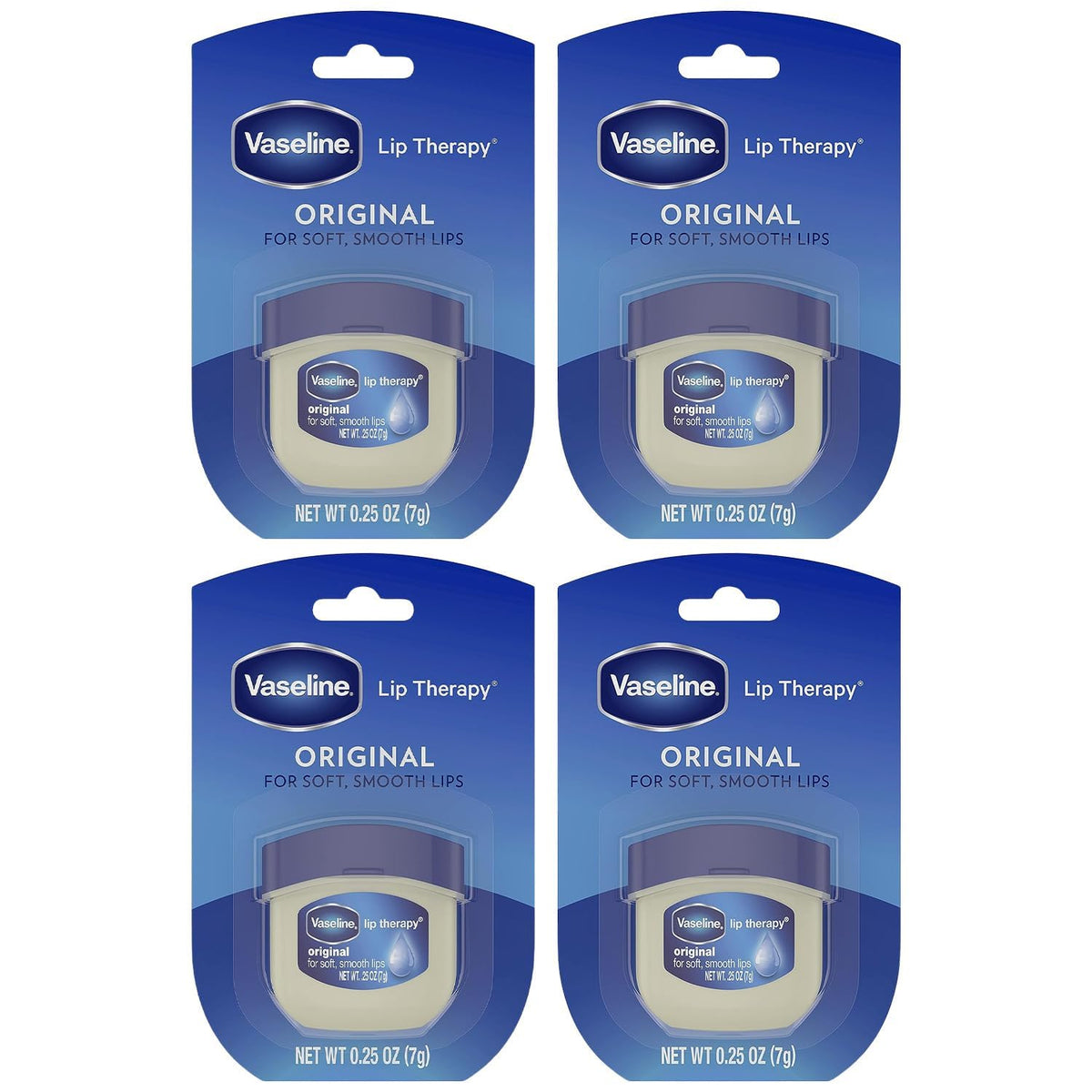 Vaseline Lip Therapy Original 4-pack jar closeup shows portable moisture for dry lips.