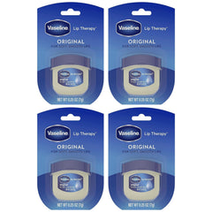 Vaseline Lip Therapy Original 4-pack jar closeup shows portable moisture for dry lips.