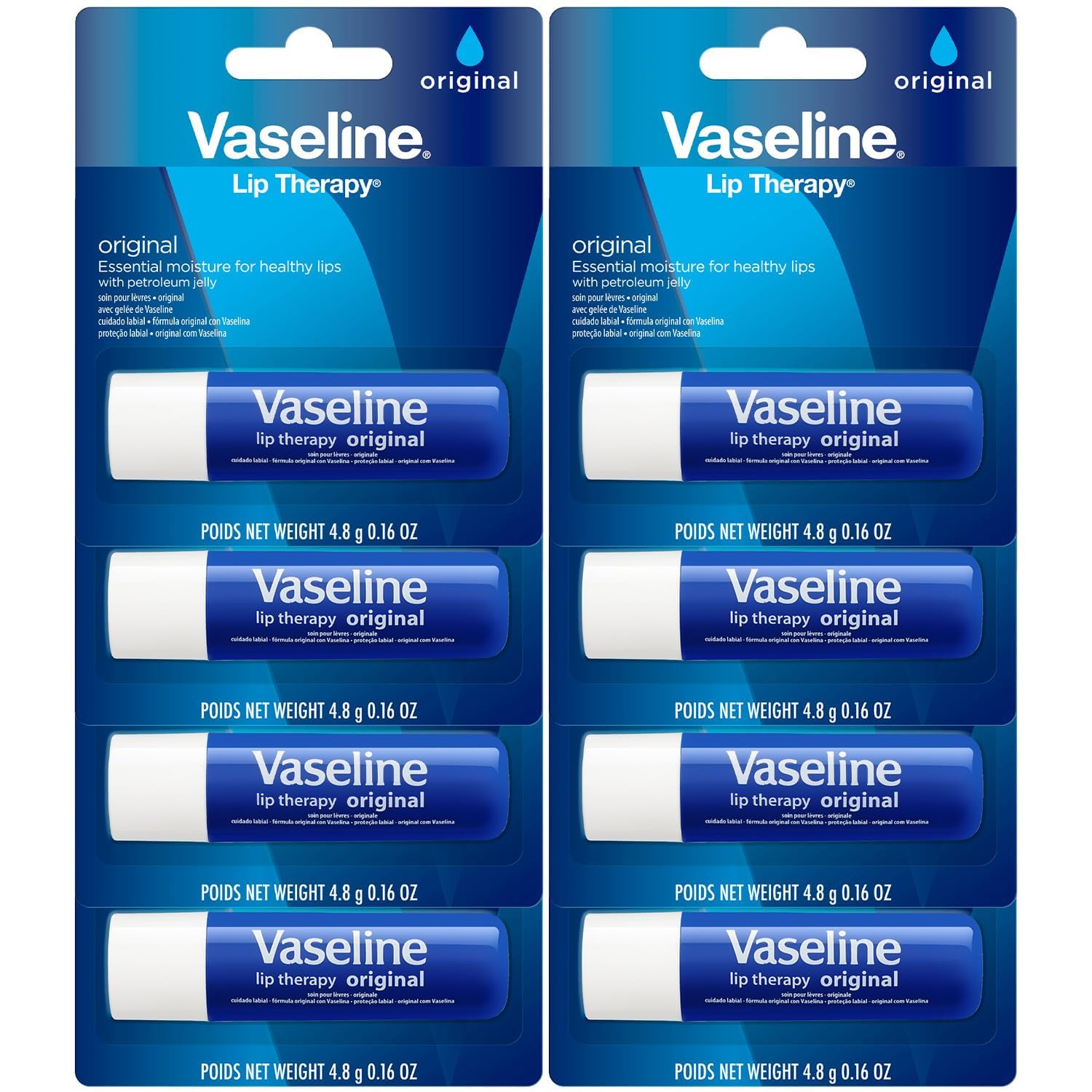 Vaseline Lip Therapy Original Pack front view for convenient all-day lip moisture.
