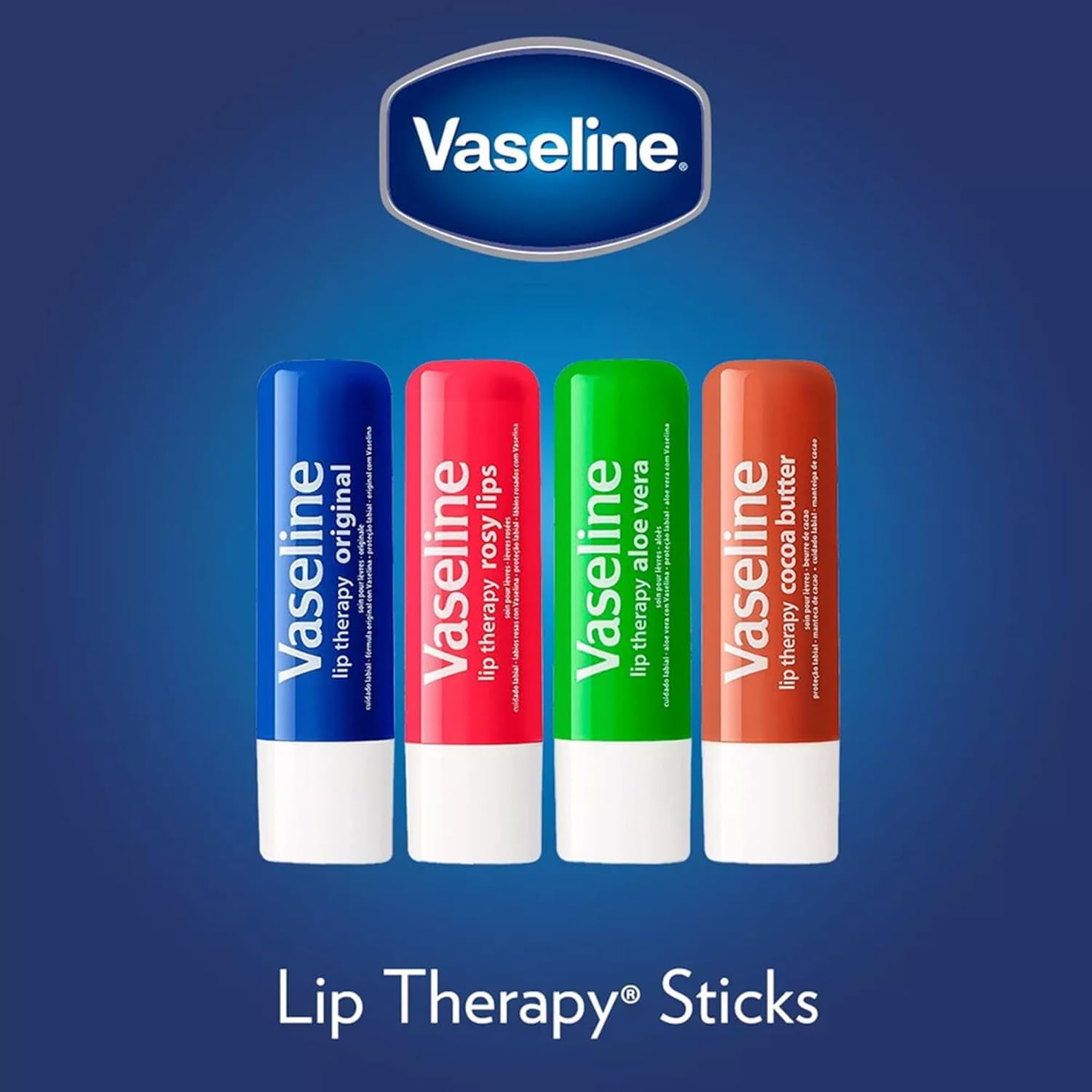 Vaseline Lip Therapy 6-pack display suggests convenient family or travel lip care.