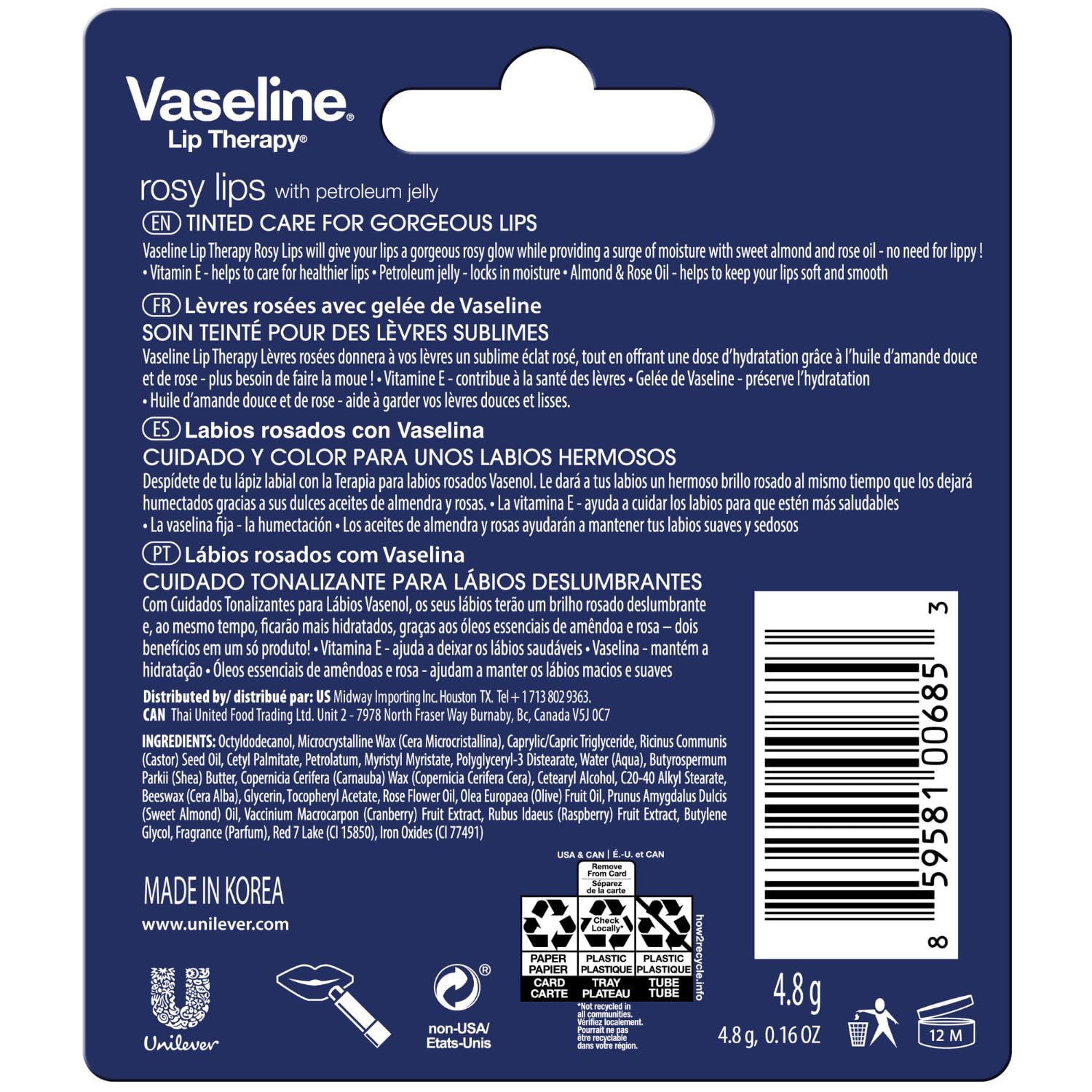 Vaseline Lip Therapy Rosy Lips 8-pack sticks closeup shows portable care