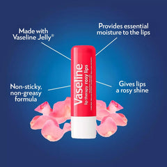 Vaseline Lip Therapy Rosy Lips tint swatch on lips highlights subtle rosy shade.