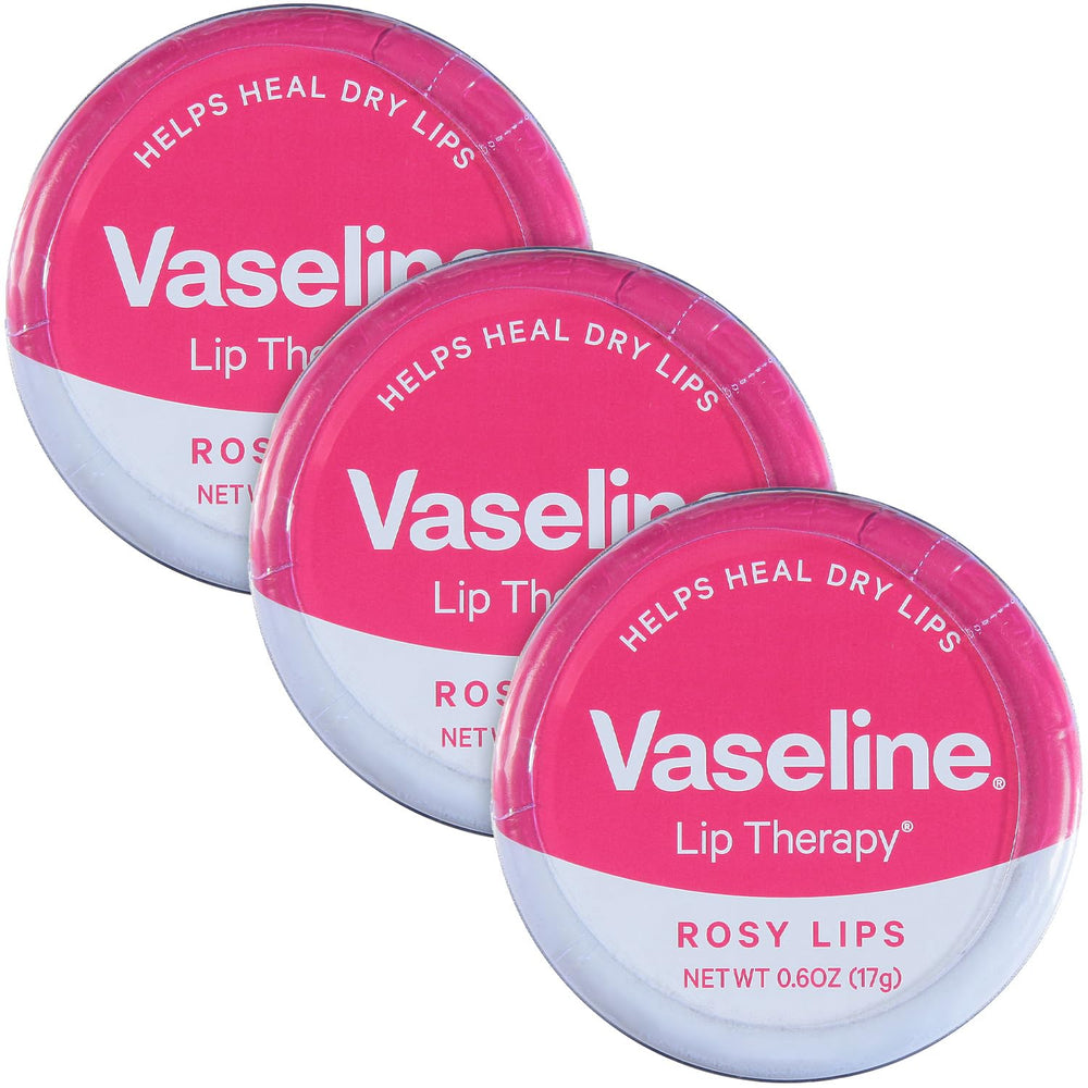 Vaseline Lip Therapy Rosy Lips Tin front-view packaging for daily hydration on the go.