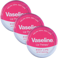 Vaseline Lip Therapy Rosy Lips Tin front-view packaging for daily hydration on the go.