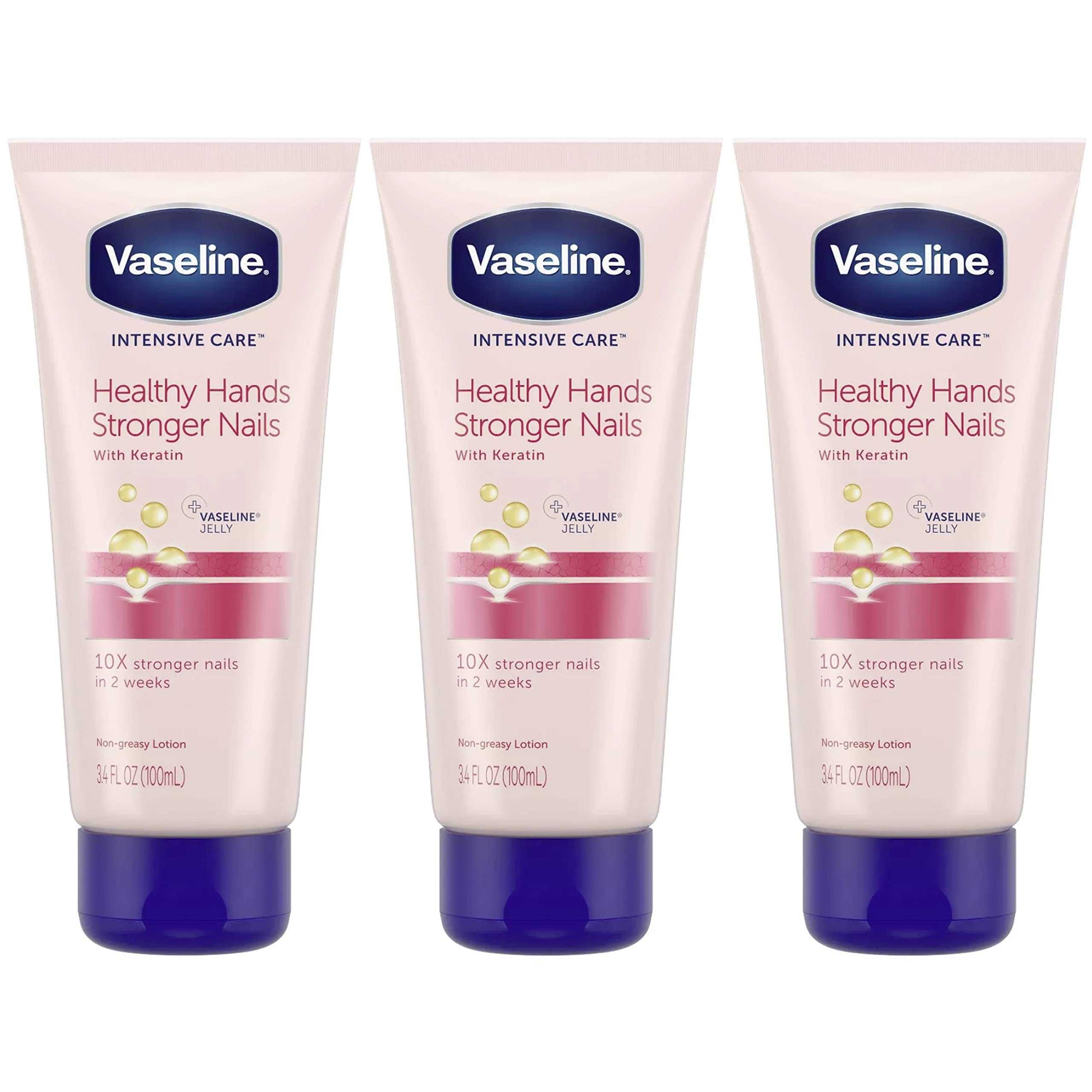Vaseline Lotion Healthy Hands Keratin pack bottle close-up showing nourished nails and moisturized skin