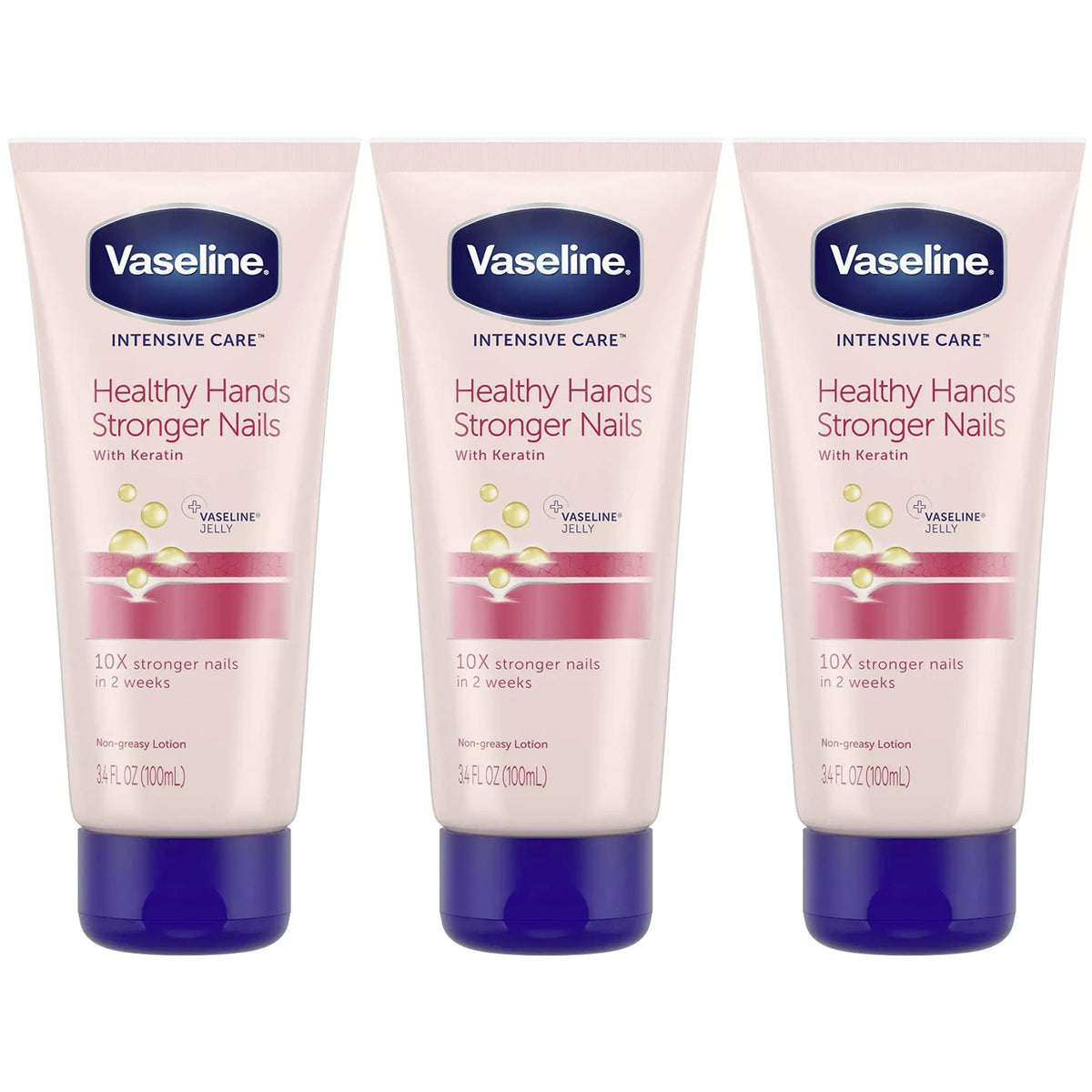 Vaseline Lotion Healthy Hands Keratin pack bottle close-up showing nourished nails and moisturized skin