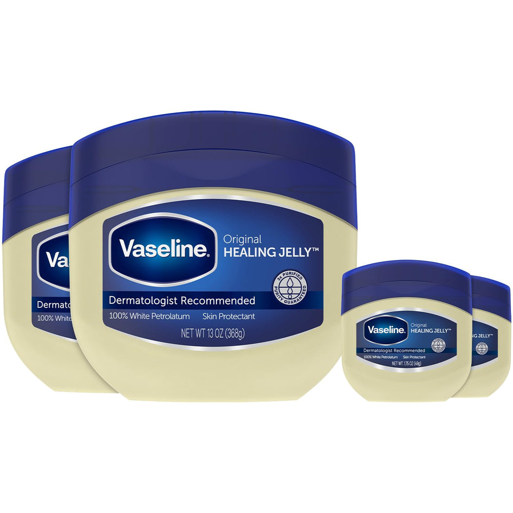 Vaseline Petroleum Jelly 4-pack packaging with two full jars and two minis for home and travel.