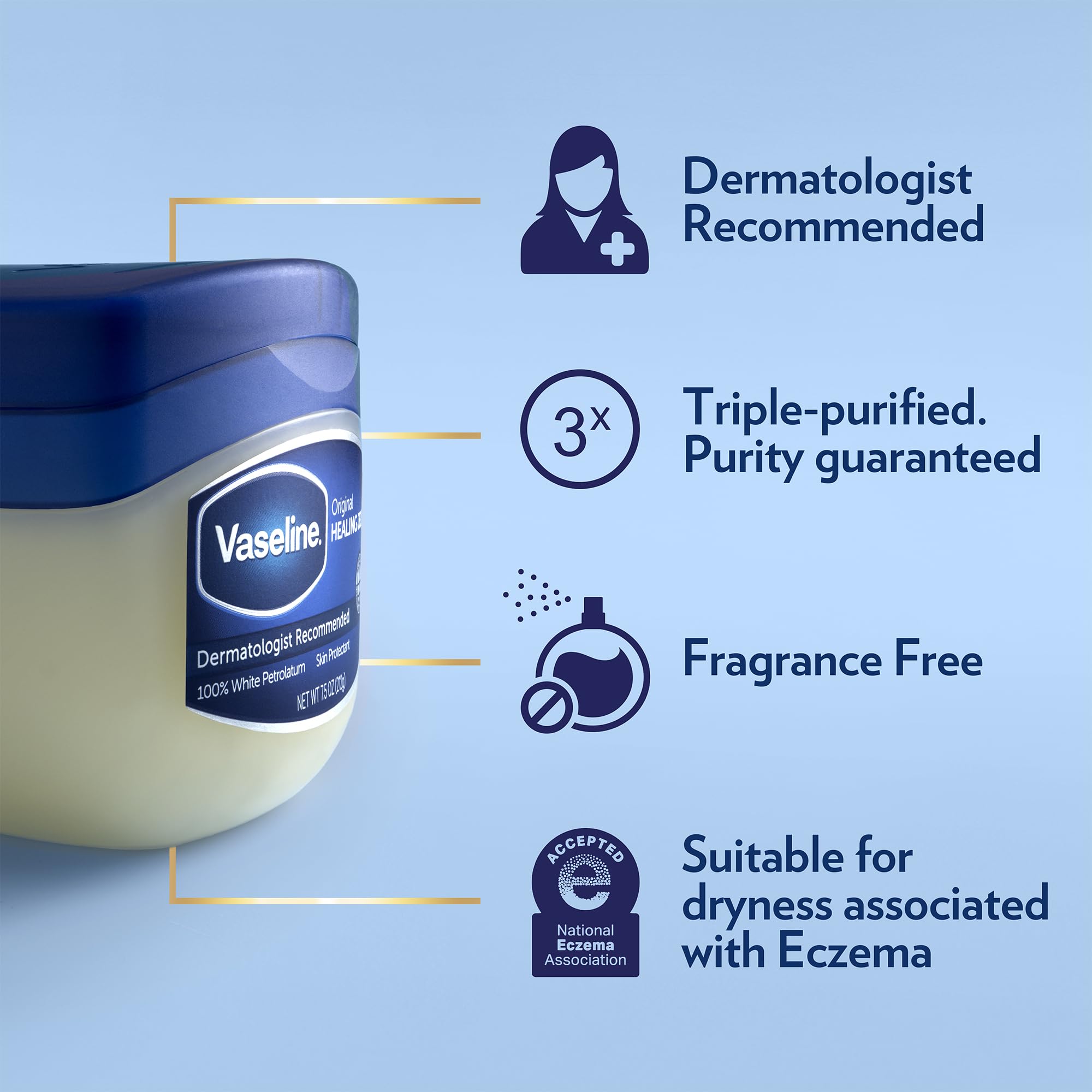 Vaseline Petroleum Jelly Original application on dry skin: soothing moisture and rapid sealing.