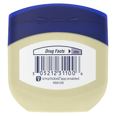 Vaseline Petroleum Jelly Original jar-label closeup: fragrance-free barrier for sensitive skin.