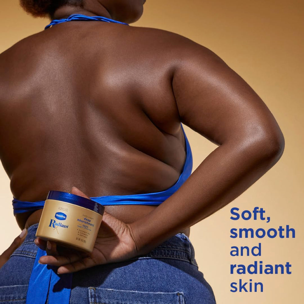 Vaseline Radiant X cream on arm suggests long-lasting moisture and radiant texture