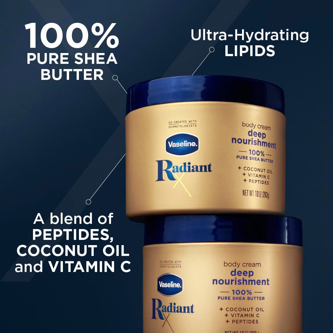 Vaseline Radiant X Deep Nourishment Body Cream closeup emphasizes 100% pure shea butter richness
