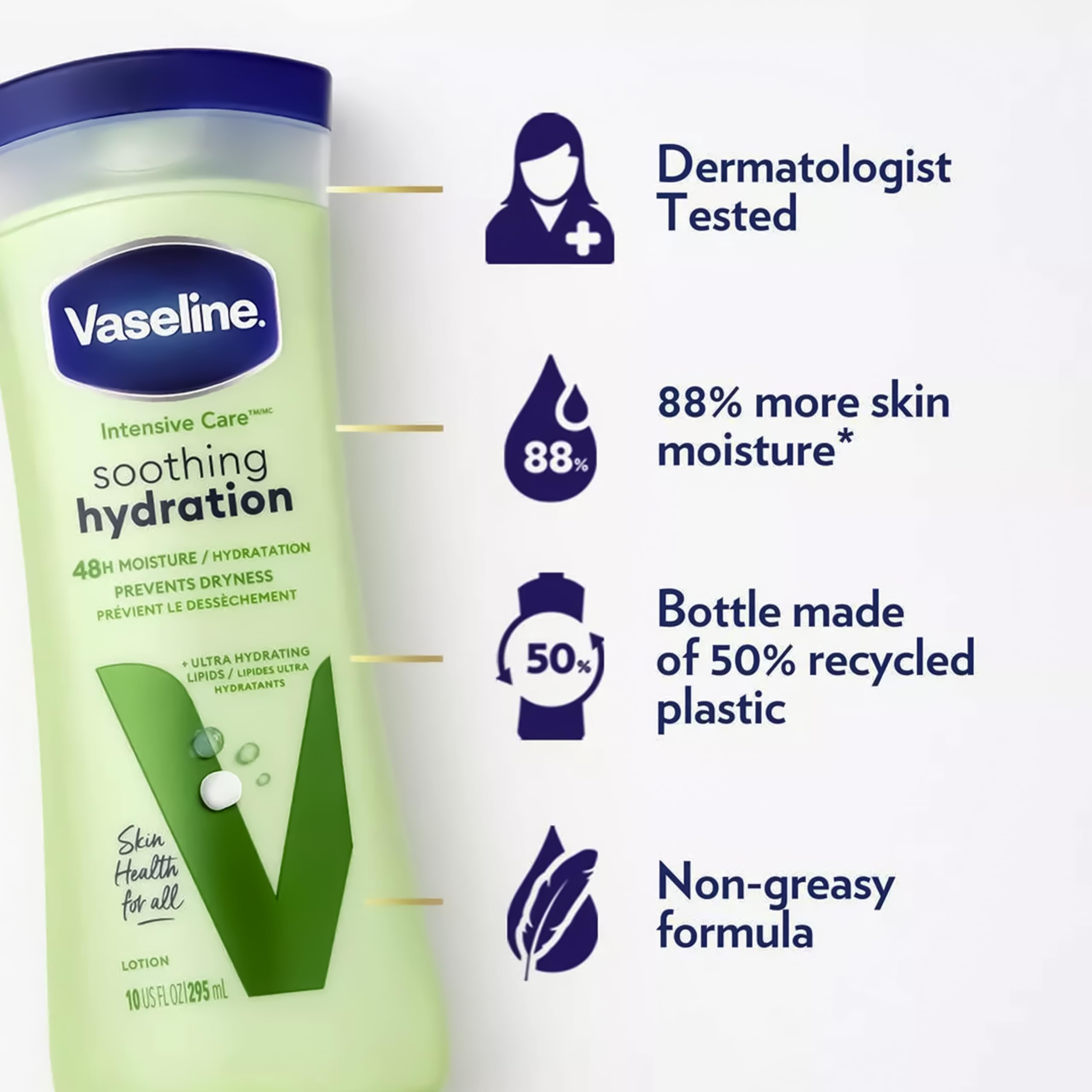 Vaseline Soothing Hydration 10oz bottle back-label highlights dermatologist-tested non-comedogenic protection