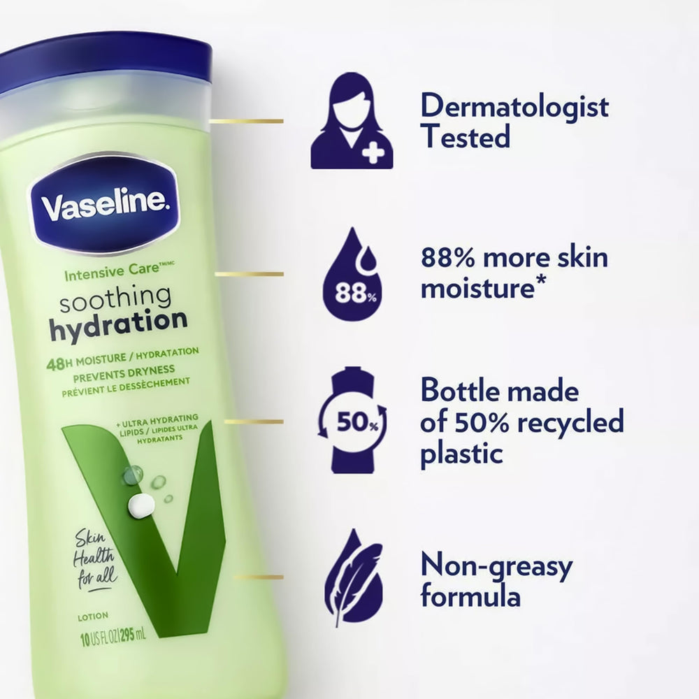 Vaseline Soothing Hydration 10oz bottle back-label highlights dermatologist-tested non-comedogenic protection