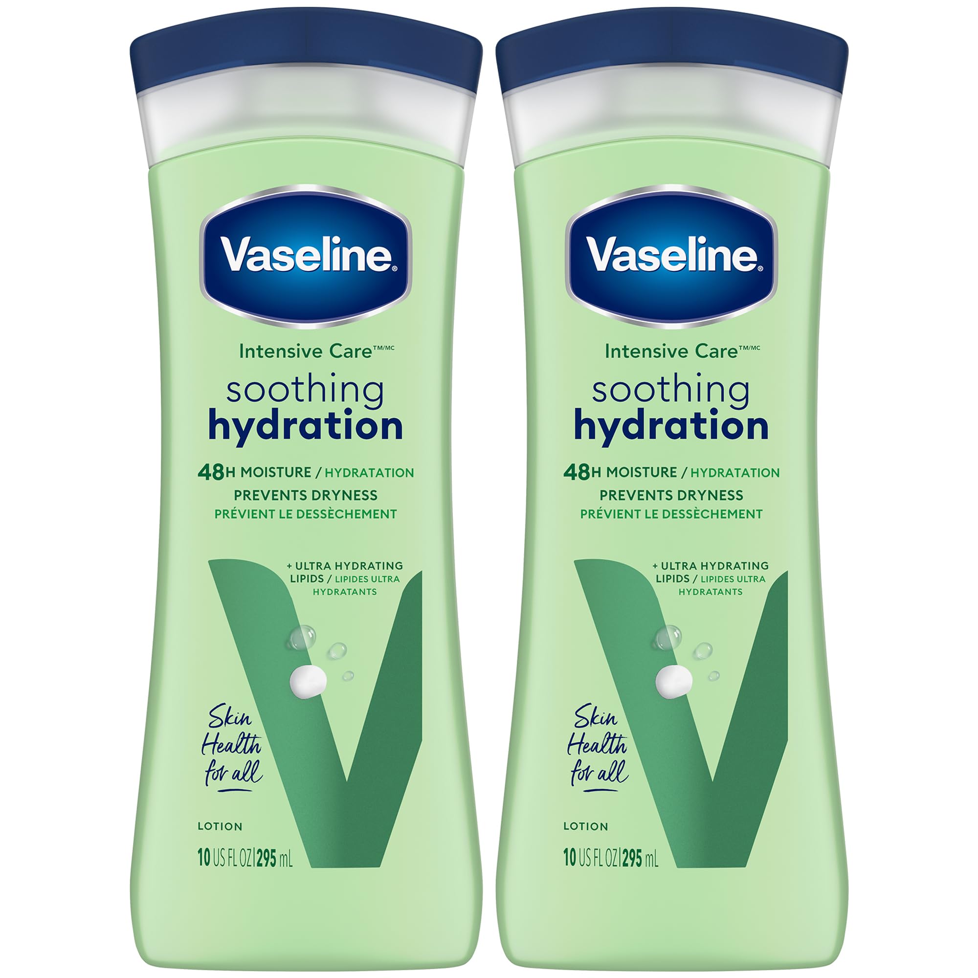 Vaseline Soothing Hydration 10oz bottle front shows fast-absorbing aloe moisture for daily dryness