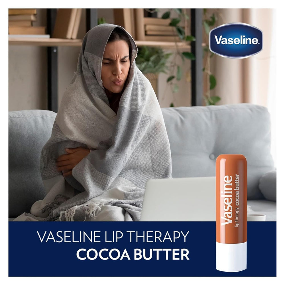 Vaseline Lip Therapy Cocoa Butter with Vitamin E emphasizes nourishing moisture retention.