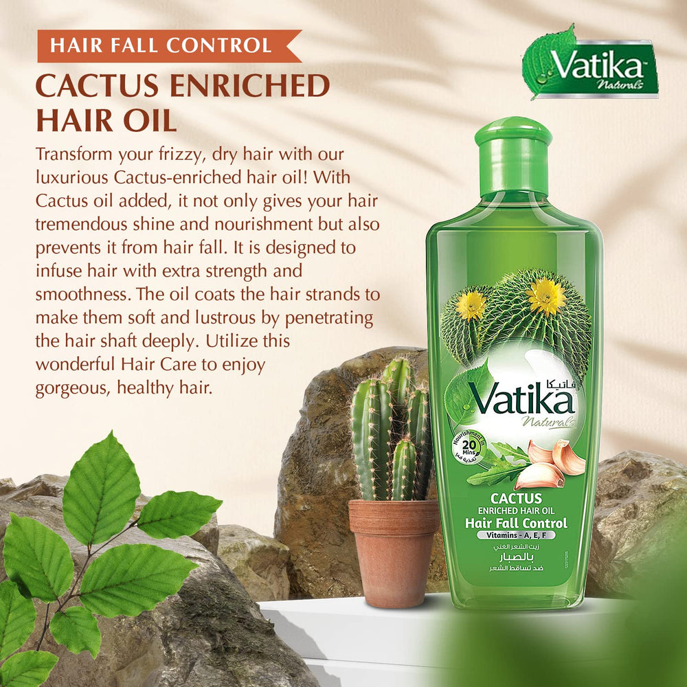 Vatika Naturals Cactus Enriched Hair Oil ingredients closeup highlights natural botanicals