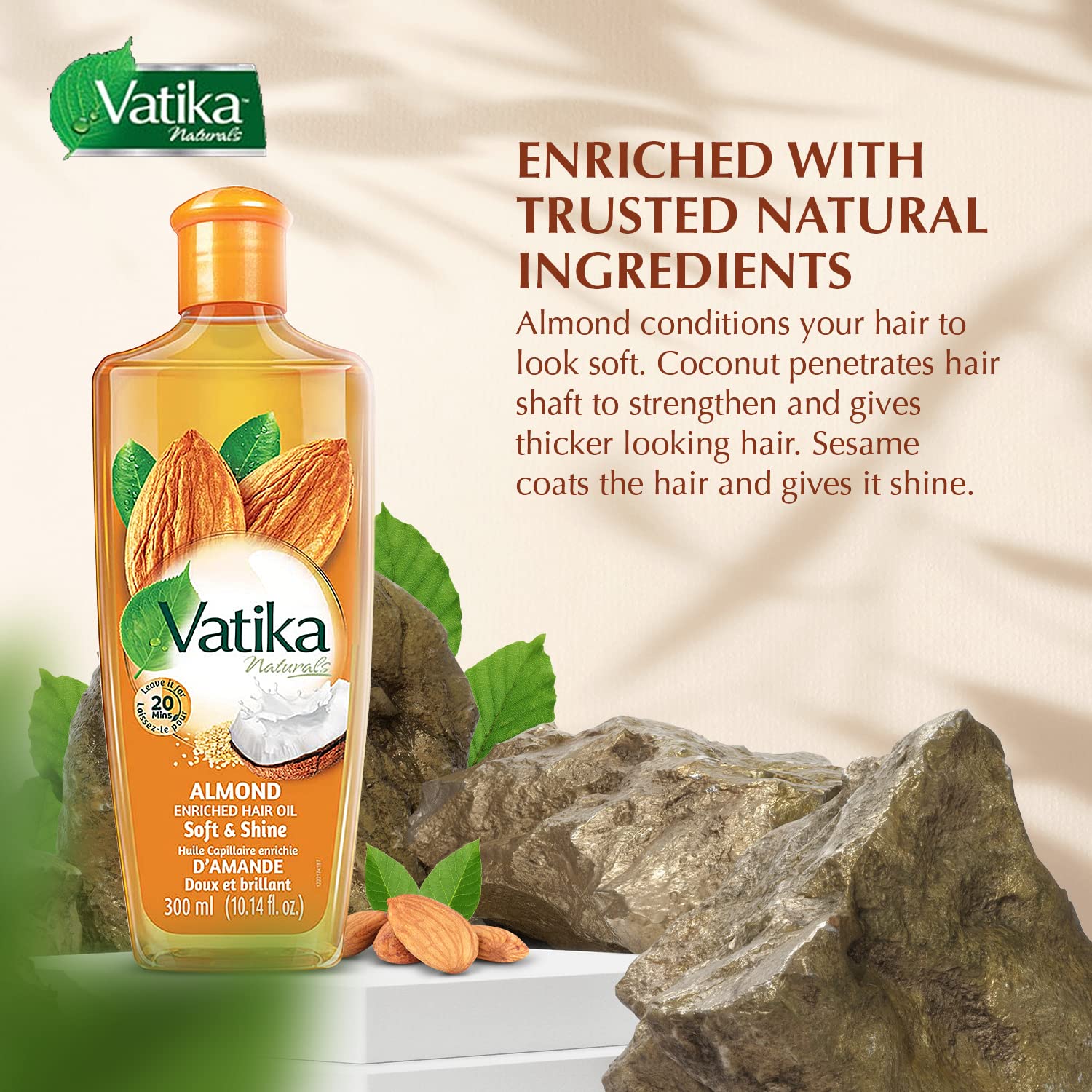 Vatika Naturals Dabur Hair Oil with almond ingredients for soft, hydrated hair.