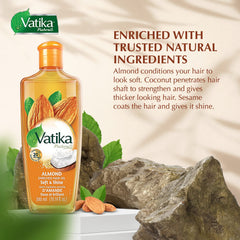 Vatika Naturals Dabur Hair Oil with almond ingredients for soft, hydrated hair.