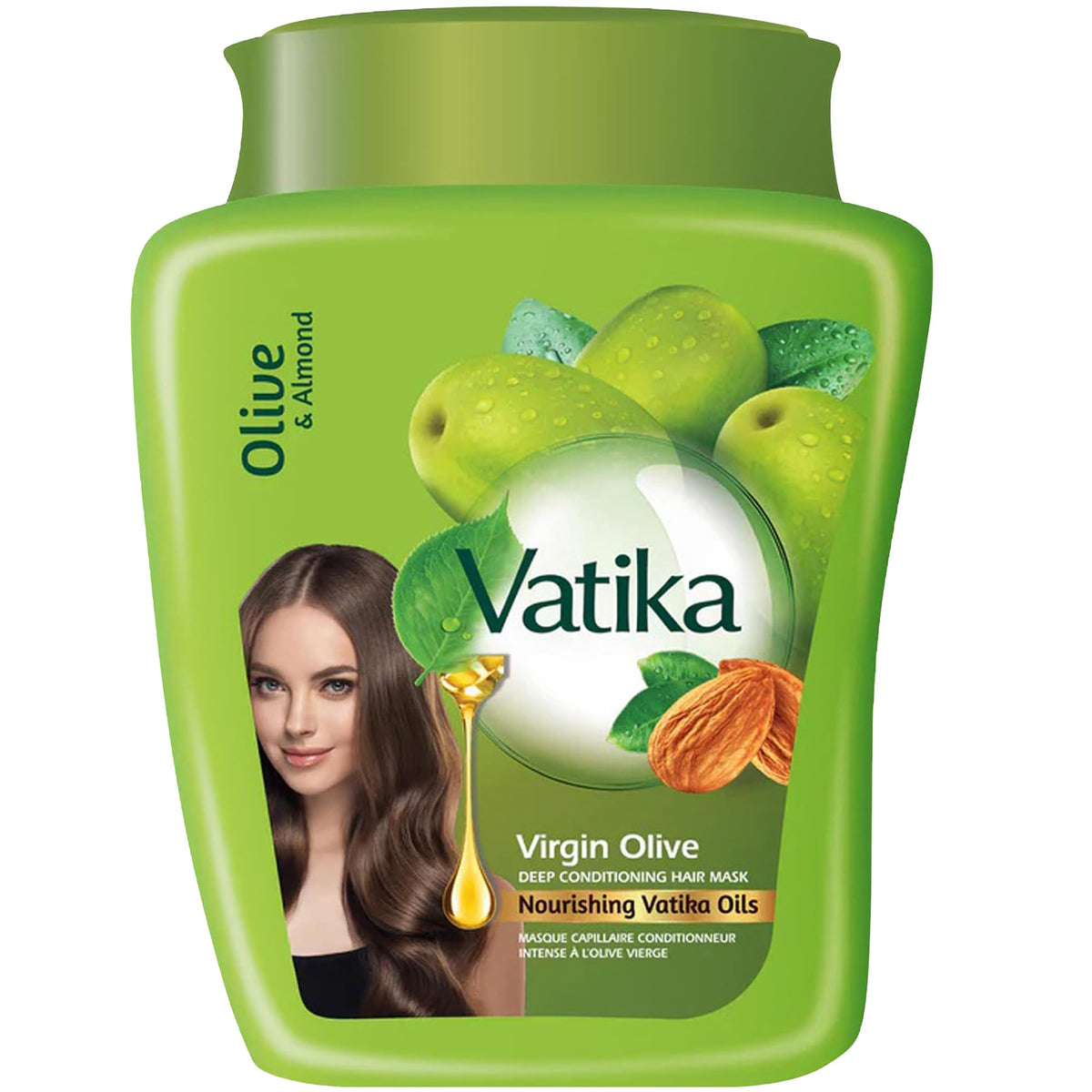 Vatika Naturals Dabur Olive Hair Mask jar shows creamy texture for deep conditioning and shine